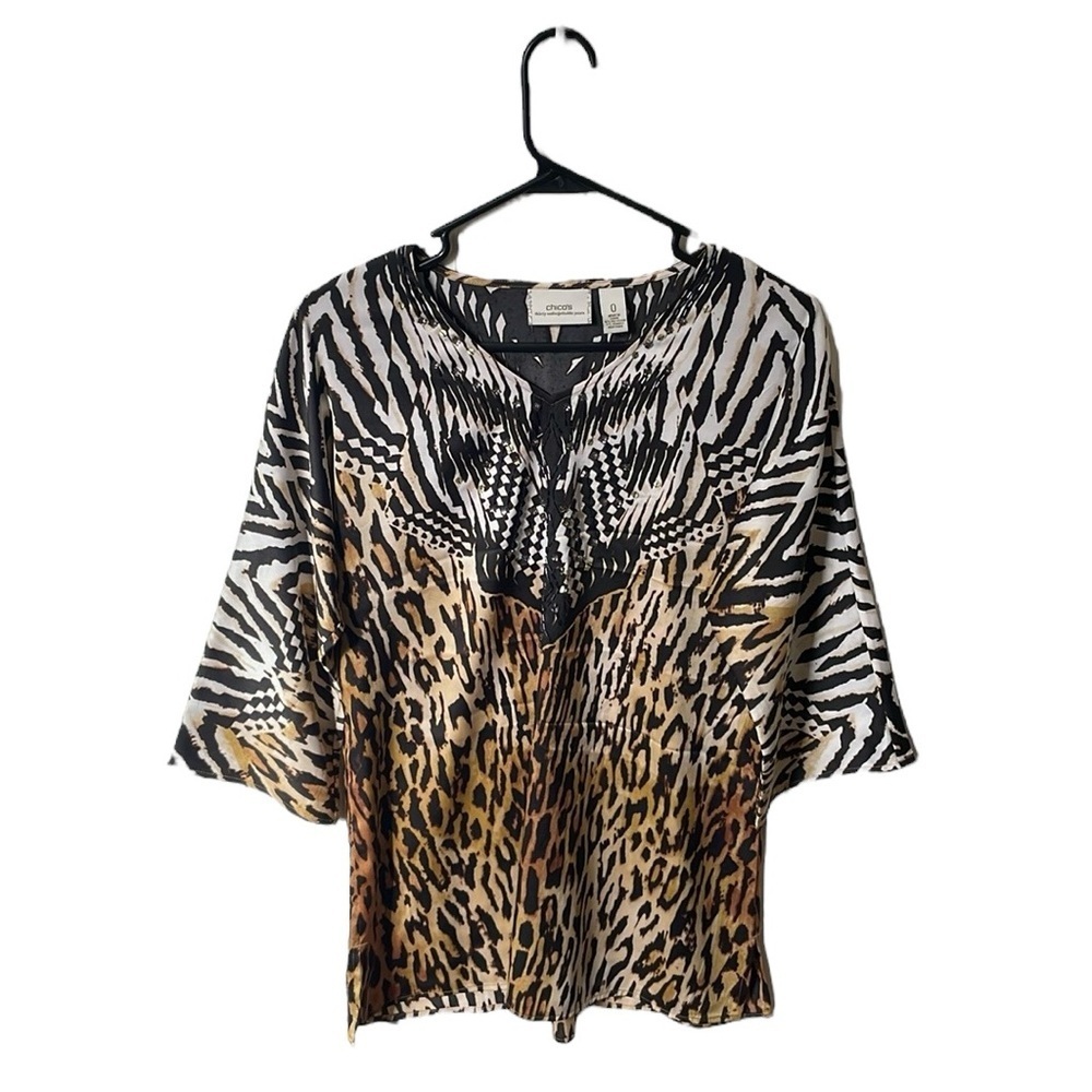 Chico’s 30 Unforgettable Years Beaded Animal Print Silky Feel Tunic Top Size 0